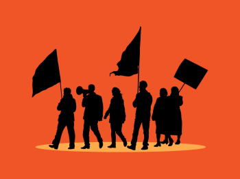 A red background with silhouetted people in front of it, holding flags and loud speakers.