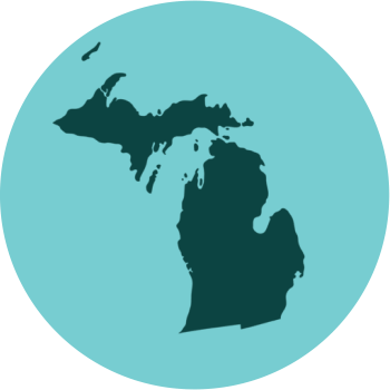 Map of Michigan in a blue bubble