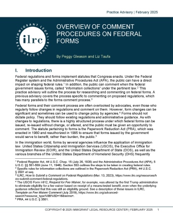 An image of the first page of the Overview of Comment Procedures on Federal Forms practice advisory.