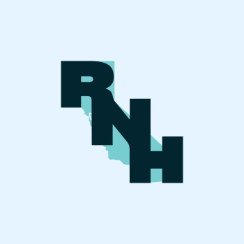 The letters RNH are overlaid a teal colored state of California, following its borders. This is on top of a light blue background.
