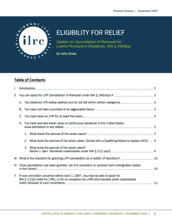 Eligibility for Relief: Cancellation of Removal for Permanent Residents,  INA § 240A(a), Immigrant Legal Resource Center