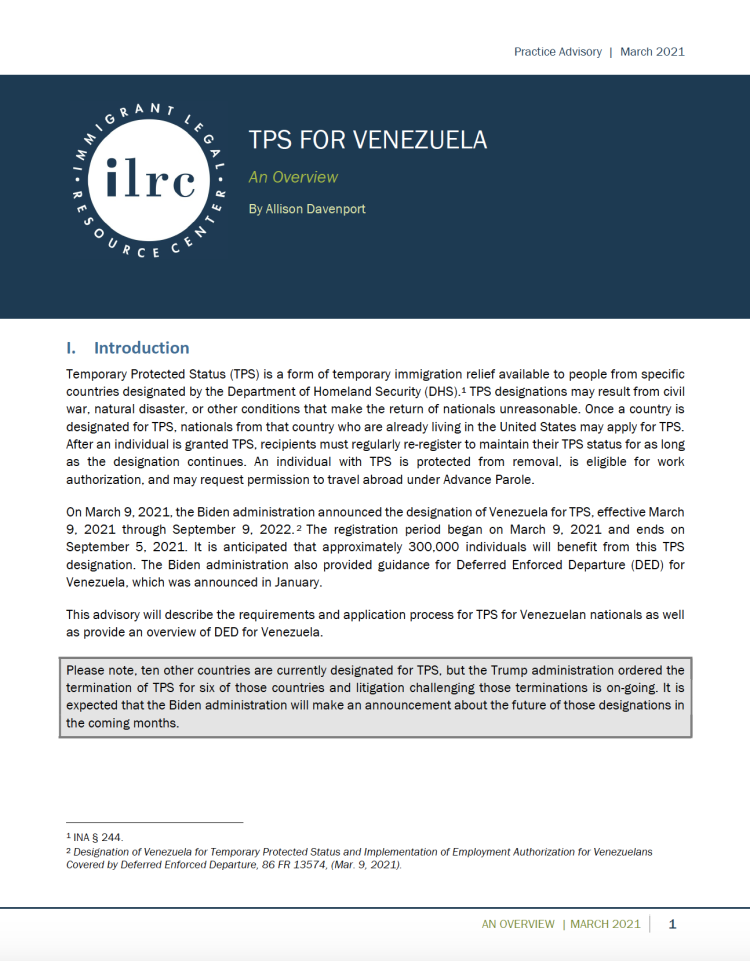 TPS for Venezuela An Overview Immigrant Legal Resource Center ILRC